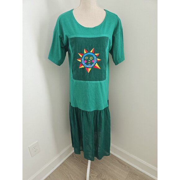 Johnny Was Vintage 90 Cotton Green Sun Embroidery Midi Drop Waist Dress S Petite - Picture 1 of 10